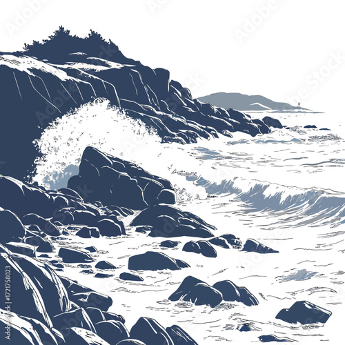 Dramatic ocean waves crashing against a rocky coastline with a distant figure on a hill