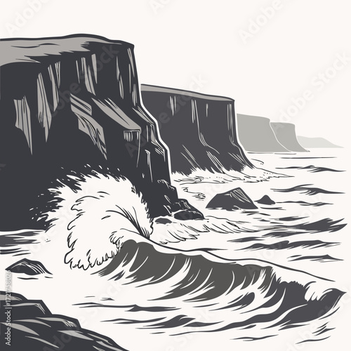 Dramatic coastal cliffs stand tall against crashing waves and the vast ocean under a clear sky
