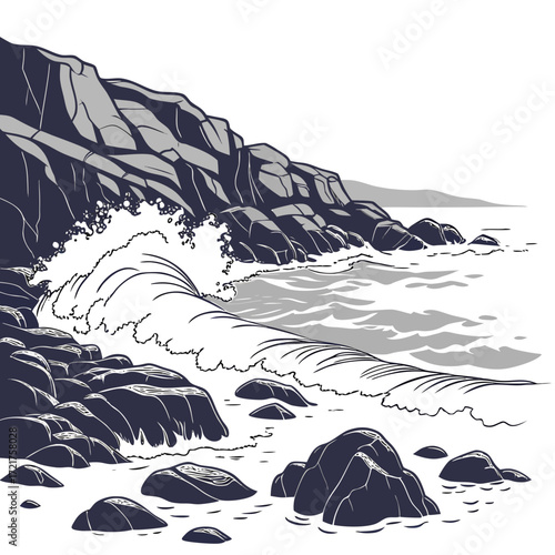 Dramatic ocean wave crashing against dark rocky coastline with white foam and spray