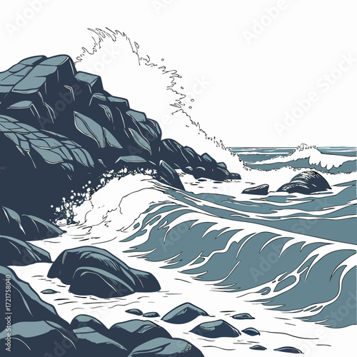 Dramatic ocean waves crash against dark rocky shore with white spray and foam under a clear sky