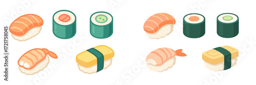 Different types of sushi presented on a clean white surface with vibrant colors and textures for a satisfying culinary experience