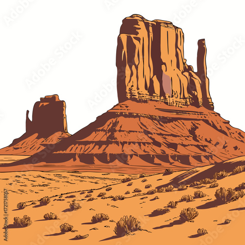 Iconic monument valley mittens buttes in a stylized desert landscape with sparse vegetation