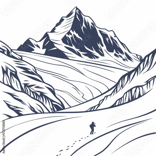 Lone hiker with backpack walks through a vast snowy mountain landscape leaving footprints behind