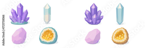 Colorful crystal and gem collection in various shapes and sizes on white background