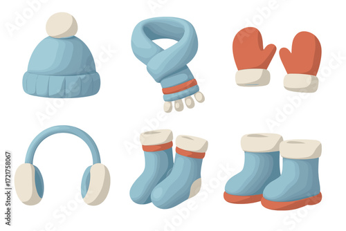 Winter apparel accessories for cold weather in blue tones featuring a hat, scarf, mittens, earmuffs, and boots