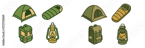Camping gear essentials for outdoor adventures with tents, sleeping bags, lanterns, and backpacks arranged on a white background