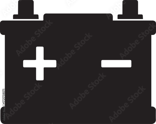 Silhouette of a car battery with positive and negative terminals, simple graphic design silhouette
