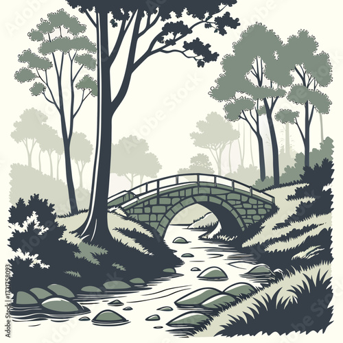Idyllic stone arch bridge spanning a gentle stream through a lush forest landscape