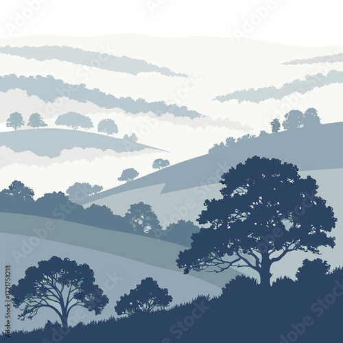 Serene rolling hills landscape with silhouetted trees and misty haze in cool blue tones