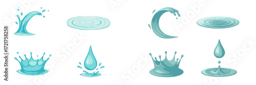 Different forms and movements of water displayed in a creative and artistic manner showcasing splashes and droplets