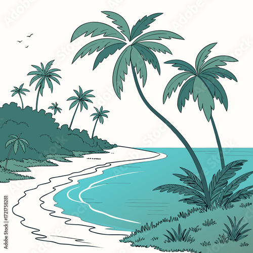 Serene tropical island beach with lush palm trees and turquoise ocean waves under a clear sky