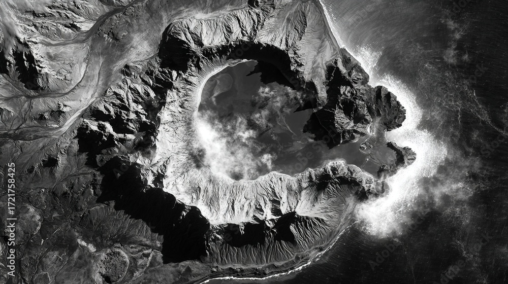 Obraz premium geothermal. Black-and-white satellite image of a newborn island glowing with geothermal energy in glacial waters. ESG reports.