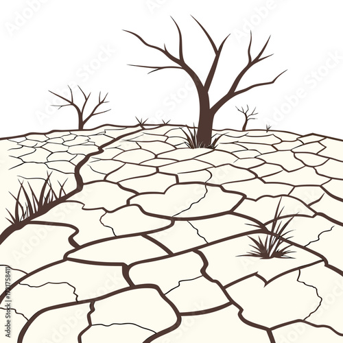 Stylized illustration of a barren landscape with cracked earth and dead trees symbolizing drought and environmental hardship