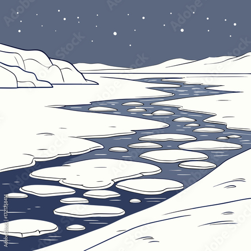 Stylized illustration of a frozen river with ice floes under a starry night sky and snowy banks