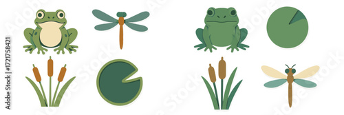 Colorful frog and dragonfly illustrations among pond plants create a lively aquatic scene