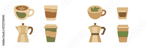 Creative coffee and tea illustrations featuring various cups and brewing equipment in a modern style