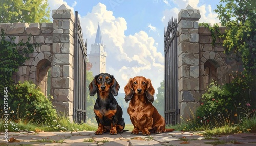 Two dachshund dogs sit patiently before a grand stone gate, awaiting an adventure.