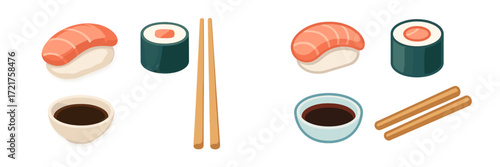 Various sushi types with soy sauce and chopsticks arranged neatly on a light background