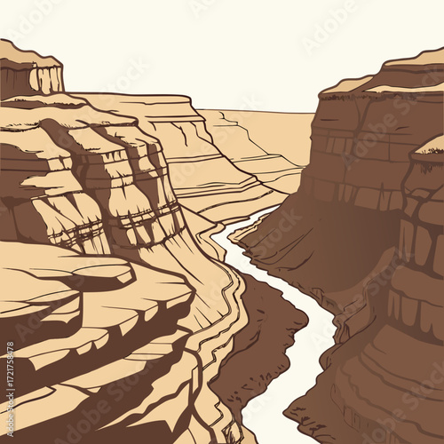 Stylized illustration of a majestic canyon with a winding river carving through layered rock formations under a clear sky
