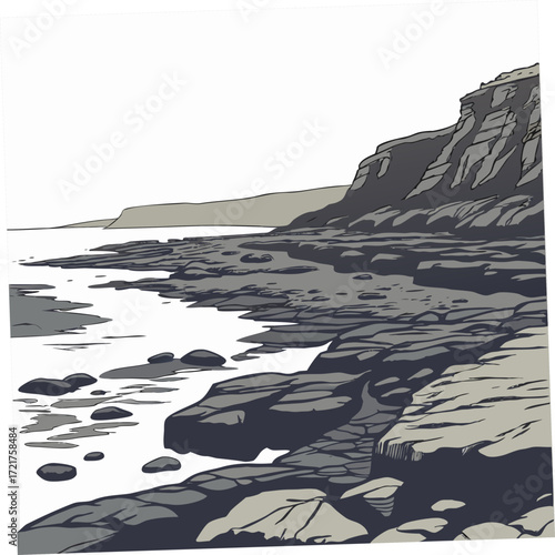 Stylized illustration of a rocky coastline with calm water and distant hills under a white sky