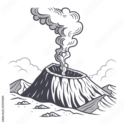Stylized illustration of a smoking volcano erupting with ash and smoke billowing into the sky