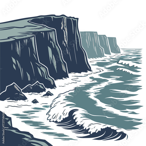 Stylized illustration of dramatic dark blue cliffs overlooking a turbulent teal ocean with crashing waves
