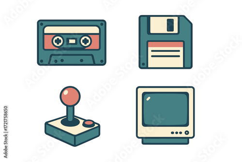 Retro technology collection featuring a cassette tape, floppy disk, joystick, and computer monitor elements