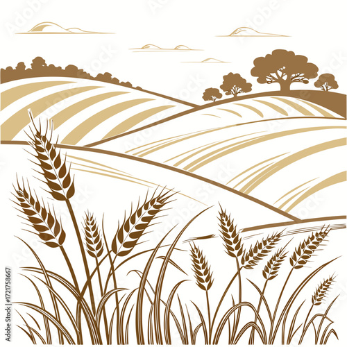 Stylized illustration of golden wheat fields and rolling hills under a clear sky