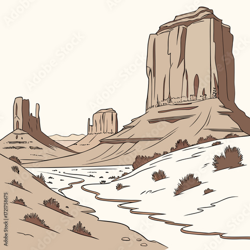 Stylized illustration of iconic monument valley mesas and buttes with a winding riverbed and sparse desert vegetation