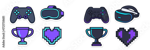 Colorful gaming icons illustrating video game elements and virtual reality technology in a playful design