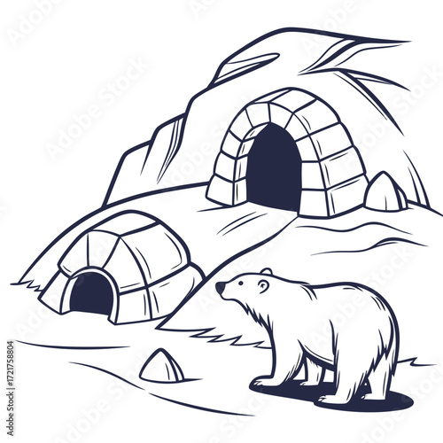 Stylized outline illustration of a polar bear standing near igloos and a snowy cave entrance