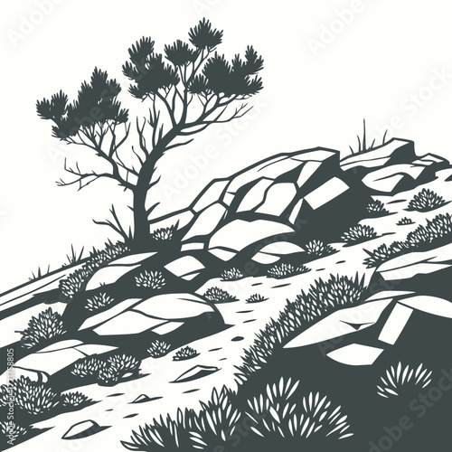 Stylized silhouette of a lone tree growing on a rocky hillside with sparse vegetation