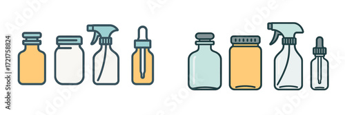 Different types of bottles and jars arranged side by side with various designs and sizes, showcasing storage options