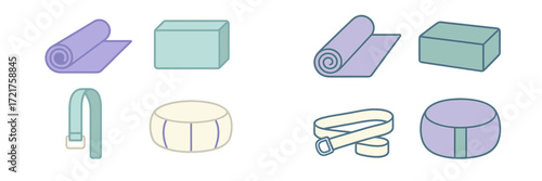 Variety of yoga props including mats, blocks, straps, and cushions arranged on a white background for practice and support