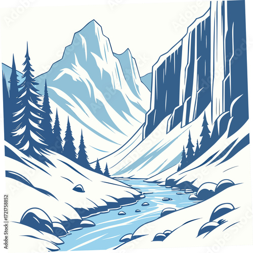 Stylized winter mountain landscape with snow covered slopes and a flowing river between cliffs
