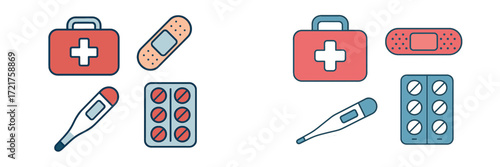 First aid supplies and medical tools arranged in two separate groups on a flat surface