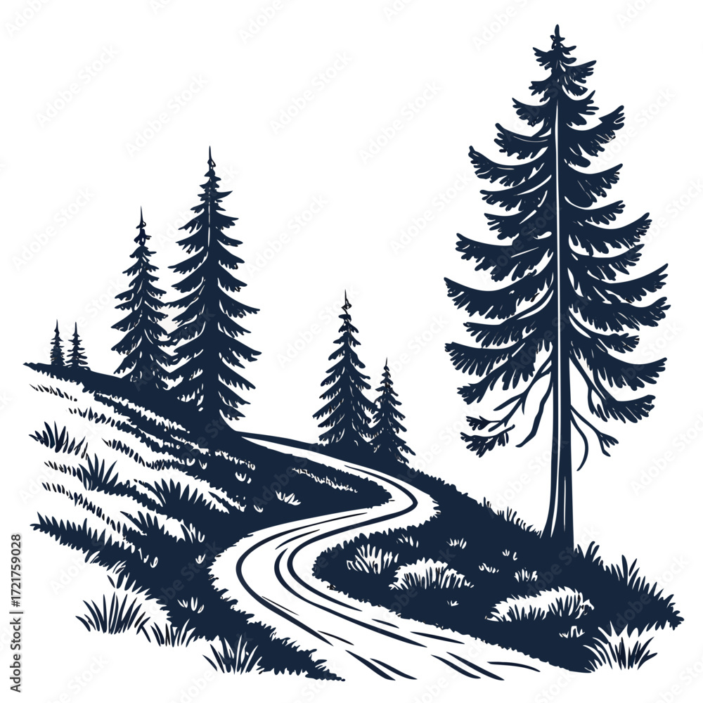 Fototapeta premium Winding dirt road through a grassy hillside lined with tall pine trees in silhouette