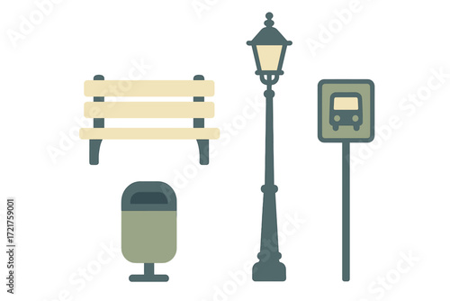 Park elements including a bench, lamp post, trash can, and bus stop sign in a city setting