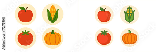 Colorful illustration of fruits and vegetables featuring apples, corn, tomatoes, and pumpkins arranged in circular icons