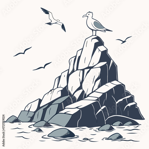 A solitary seagull perches atop a rugged rocky outcrop surrounded by the gentle waves of the ocean