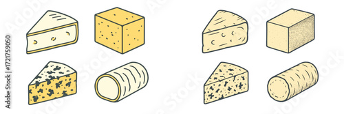 Different types of cheese displayed on a white background featuring various shapes and textures