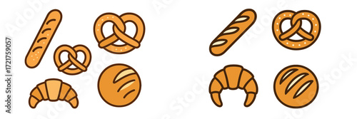 Various baked goods displayed in a simple and colorful design, showcasing bread, pretzels, and croissants