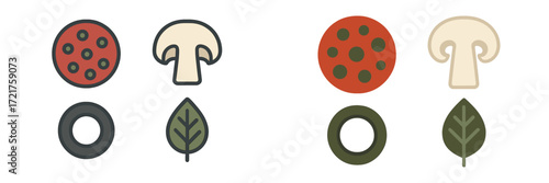 Unique and colorful food illustrations featuring pizza toppings, mushrooms, vegetables, and herbs in a simple design style