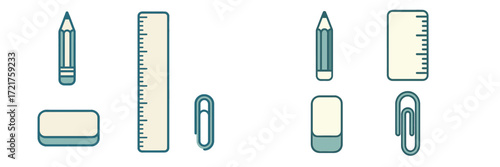 Colorful stationery items like pencils, rulers, and paper clips organized neatly on a clean workspace