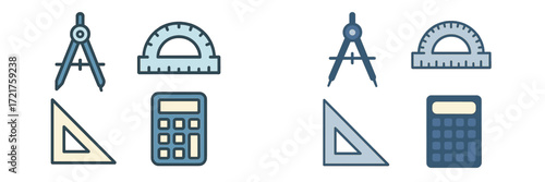 Variety of geometric tools and calculators arranged for educational purposes in a study environment