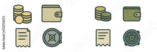 Icons representing finance and savings, showcasing wallets, coins, cash, and a safe, illustrating money management concepts clearly