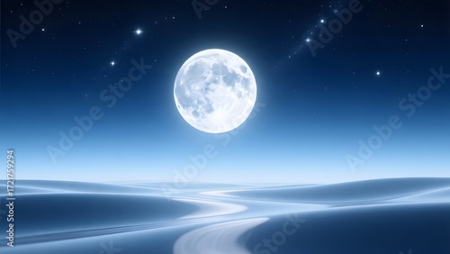 A large full moon shining over snow covered ground
