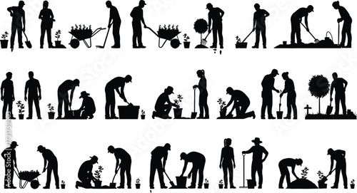 Gardening people silhouette vector illustration showing various activities with tools, planting, watering, digging, raking, wheelbarrow, outdoor work, horticulture design