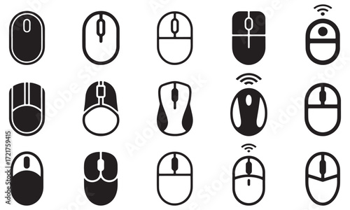 Assorted Computer Mouse Designs Depicted as Black and White Line Art Illustrations in a Grouped and Organized Layout