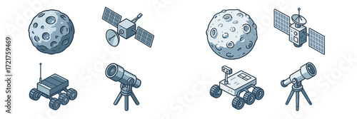 Exploration of the moon by rovers and satellites showcasing space technology and astronomy